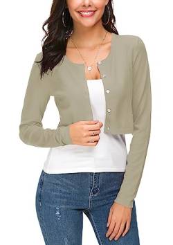 EXCHIC Damen Lässig Langarm Bolero Short Cardigan Button Down Rundhals Gestrickte Shrug Strickjacke (M, Aprikose) von EXCHIC