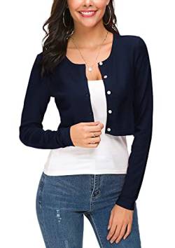 EXCHIC Damen Lässig Langarm Bolero Short Cardigan Button Down Rundhals Gestrickte Shrug Strickjacke (M, Navy Blau) von EXCHIC