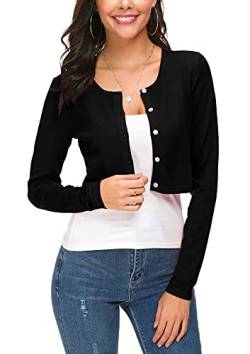 EXCHIC Damen Lässig Langarm Bolero Short Cardigan Button Down Rundhals Gestrickte Shrug Strickjacke (M, Schwarz) von EXCHIC