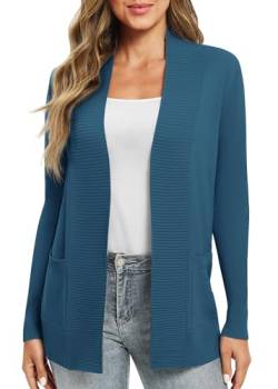 EXCHIC Damen Lange Ärmel Gestrickt Strickjacke Leicht Gemütlich Offene Vorderseite Lange Freizeitjacke mit Taschen(L, Indigo Blau) von EXCHIC