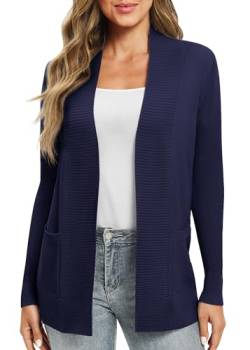 EXCHIC Damen Lange Ärmel Gestrickt Strickjacke Leicht Gemütlich Offene Vorderseite Lange Freizeitjacke mit Taschen(L, Navy Blau) von EXCHIC