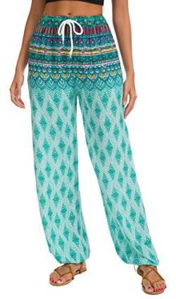 EXCHIC Damen Sommer Elastische Taille Boho Haram Hose Beilaufig Strand Hippie Hose Yoga mit Taschen (XL, 20) von EXCHIC