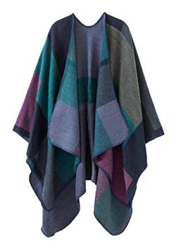 EXCHIC Damen Vintage Farbblocking Schal Wrap Open Front Poncho Übergroße Winterdecke Elegant Cape Coat (Violett-1) von EXCHIC