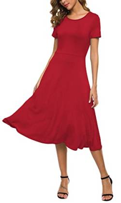 EXCHICK Sommerkleid für Damen, Midilänge, Kurzarm, Rundhalsauschnitt, tailliert, schlank, Rot/Ausflug, einfarbig (Getaway Solids), X-Groß von EXCHIC