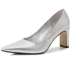 Damen-Pumps aus Lackleder, bequem, hoher Absatz, eckige geschlossene Zehenpartie, Knöchelriemen, Blockabsatz, Slip-on-Partykleid-Schuhe,Silber,37 von EXECAB