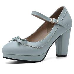 Damen-Schuhe mit Plateausohle, hohem, klobigem Absatz und Schleife, Damen-Pumps mit runder Zehenpartie, modisches Knöchelriemenkleid, Bequeme Pumps,Blau,48 EU von EXECAB
