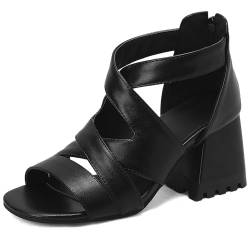 Damen Vintage Peep Toe Sandalen mit klobigem Absatz, Sommer-Outdoor-Wanderschuhe, modische, lässige, einfache Schuhe,Schwarz,37 von EXECAB