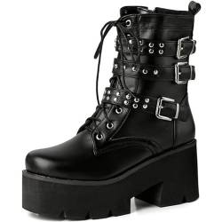 EXECAB Damen-Stiefeletten zum Schnüren, Gothic-Punk-Stil, Nieten, Knöchelriemen, Metallschnalle, Plateau, Blockabsatz, Biker-Stiefeletten,Schwarz,45 EU von EXECAB