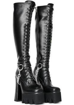 EXECAB Overknee-Stiefel für Damen aus Leder, kniehohe Stiefel mit Schnürung und Gürtelschnalle, klobiger Absatz, sexy Biker-Stiefel,Schwarz,39 EU von EXECAB