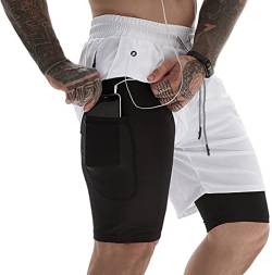EXEKE Herren 2 in 1 Laufshorts Quick Dry Gym Workout Athletic Shorts mit Taschen, Weiß, Groß von EXEKE