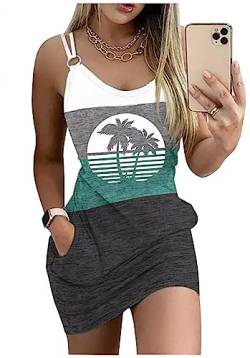 Live Simple Coconut Tree Color Block Pocket Minikleid Frauen Sommer Strand Ärmelloses Träger-T-Shirt, Wie abgebildet 4, Groß von EXMIUN