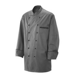 Kochjacke Bäckerjacke Jacke Langarm Silbergrau mit schwarzem Paspel Gr. L 35% Baumwolle, 65% Polyester 220gr. von EXNER