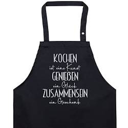 EXPRESS-STICKEREI Designer Kochschürze bestickt mit Spruch Kochen Genießen Zusammensein Küchenschürze Größen verstellbar mit Fronttasche für Frauen Männer onesize Grillschürze Geburtstagsgeschenk von EXPRESS-STICKEREI