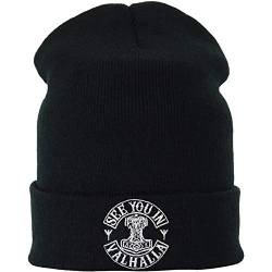 EXPRESS-STICKEREI Wikinger Strickmütze See You in Valhalla Beanie Odins sons Wollmütze Unisex Streetwear Männer Haube Seemannsmütze nordische Rollmütze Walhalla Beanie Cap für Wikingerfans von EXPRESS-STICKEREI