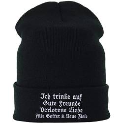 Rocker Strickmütze: Gute Freunde, alte Götter, Neue Ziele Wintermütze/Wollmütze/Haube Herren Streetwear Damen Teenager Unisex Seemannsmütze/Rollmütze SCHWARZ Beanie Cap | OneSize von EXPRESS-STICKEREI