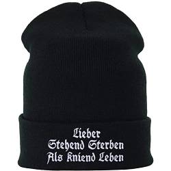 Strickmütze "Lieber stehend sterben, als kniend leben" Heavy Metal Wintermütze Biker Wollmütze mit Krempe Haube Männer Streetwear Frauen unisex Rollmütze/Arbeitsmütze Beanie Cap | onesize von EXPRESS-STICKEREI