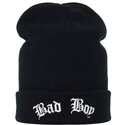 Strickmütze: Bad Boy Biker Streetwear Rocker Haube Heavy Metal Wintermütze/Wollmütze Badboy Männer/Frauen/Teenager Unisex Rollmütze/Arbeitsmütze SCHWARZ Long Beanie Cap OneSize von EXPRESS-STICKEREI