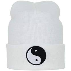 Yoga Beanie Mütze mit Stickerei Yin Yang Yoga Accessoire Sport Zubehör | Ying Yang Strickmütze warme Wintermütze Outdoor Beanie Cap Feng Shui Dekoration | OneSize | weiß von EXPRESS-STICKEREI