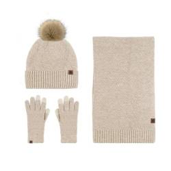 EXQUILEG Damen Beanie Mütze Mit Schal und Handschuhe Unisex Weiche Warme Strickmütze Winterset für 3-Teilig Unisex Zopfmuster Strickmütze Winter Kombi Geschenkse (Beige) von EXQUILEG