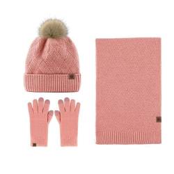 EXQUILEG Damen Beanie Mütze Mit Schal und Handschuhe Unisex Weiche Warme Strickmütze Winterset für 3-Teilig Unisex Zopfmuster Strickmütze Winter Kombi Geschenkse (Rosa) von EXQUILEG