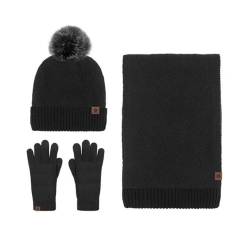 EXQUILEG Damen Beanie Mütze Mit Schal und Handschuhe Unisex Weiche Warme Strickmütze Winterset für 3-Teilig Unisex Zopfmuster Strickmütze Winter Kombi Geschenkse (Schwarz) von EXQUILEG