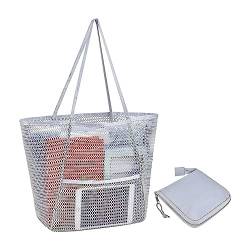 Faltbare Mesh Strandtasche Groß, Beach Tote Bag Damen mit Mehreren Taschen, Umhängetasche Damen Badetasche mit Äußere Verpackung, für Strand Familie Picknick Reise (Grau) von EXQUILEG