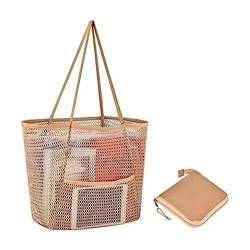 Faltbare Mesh Strandtasche Groß, Beach Tote Bag Damen mit Mehreren Taschen, Umhängetasche Damen Badetasche mit Äußere Verpackung, für Strand Familie Picknick Reise (Khaki) von EXQUILEG