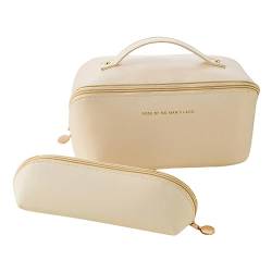 Kulturtasche Damen, Kosmetiktasche Schminktasche Reise Make-up Bag mit Pinsel reiseetui, Tragbarer Kosmetik Organizer Reisekosmetiktasche (Beige) von EXQUILEG