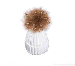 EXQULEG Warm Mütze, Echtfellbommel Pudelmütze,Winter-Mütze Bommelmütze Pelzbommel Waschbär Raccoon Pelz (Weiß) von EXQULEG