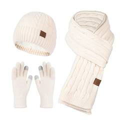 EXQULEG Winter Mütze, Schal & Handschuh Sets 3 in 1 Warmes Beanie Mütze, Unisex Beanie Strickmütze Wintermütze für Damen und Herren (Beige) von EXQULEG