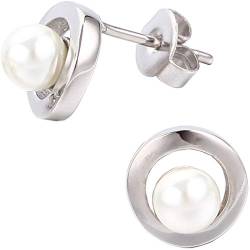 EYS JEWELRY Damen-Ohrstecker Ring Edelstahl poliert Glas-Perle weiß 9 mm Damen-Ohrringe im Schmuck Etui von EYS JEWELRY