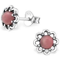 EYS JEWELRY Ohrstecker Damen Blume Blüte 925 Sterling Silber Rhodonit rosa-pink Damen-Ohrringe von EYS JEWELRY