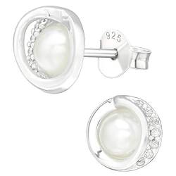 EYS JEWELRY Perlenohrringe Silber 925 Damen - weiße Perlen Ohrringe mit 14 Zirkonia Kristallen - Ohrstecker Stecker von EYS JEWELRY