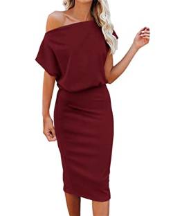 Ezbelle Damen 2023 Sommerkleid Schulterfrei Kurzarm Gerippt Casual Party Bodycon Midi Kleider, Rotwein, 34-36 von EZBELLE