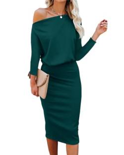 Ezbelle Damen Schulterfrei 3/4 Ärmel Fledermaus-Hüften-Wrap Bleistift Party Sexy Bodycon Midi Kleid, Dunkelgrün, Klein von EZBELLE