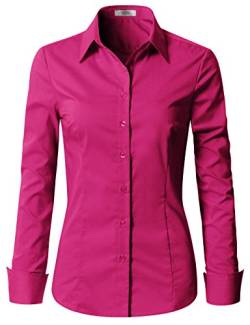 EZEN Damen-Hemdbluse mit schmalem Schnitt, langärmelig, dehnbar, mit Knopfleiste - Pink - Mittel von EZEN