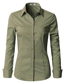 EZEN Damen Slim Fit Langarm Stretch Button Down Kragen Hemd Bluse, Wbds003-army Green, Groß von EZEN