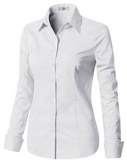 EZEN Damen Slim Fit Langarm Stretch Button Down Kragen Hemd Bluse, Wbds003-weiß, Groß von EZEN
