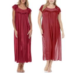 Ezi Damen Nachthemd - Satin Seide Nachtkleid für weiche und bequeme Nachtwäsche - Lange mittellange Kurzarm, Rot/Ausflug, einfarbig (Getaway Solids), 4X von EZI