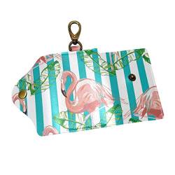 EZIOLY Rosa Flamingos Grün Streifen PU Leder Auto Schlüsselanhänger Kartenhalter mit 6 Haken & 1 Schlüsselbund/Ring, Mehrfarbig, Einheitsgröße von EZIOLY