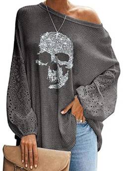 Damen Langarm-Tunika-Tops mit Totenkopf-Motiv, lässig, lockere Schulterpartie, 74, X-Large von Each women