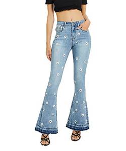 Each women Damenjeans GäNseblüMchen Bestickte Jeans-Hose Mit Weitem Bein Damen Hoch Taillierte, Schmale, Ausgestellte Jeans von Each women