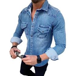 Each women Herren Langarm Jeanshemd Slim Fit LäSsiges Hemd Mit DruckknöPfen Turnover Krawattentasche von Each women