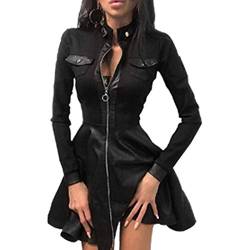 Frauen Kunstleder PVC Partykleid Reißverschluss Spleißen Wet Look Clubwear A-Linie Kleider von Each women