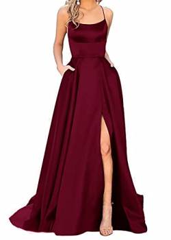 Ballkleider Damen Lang, Frauen Elegant Neckholder Backless Lang Kleider, A-Linie Criss-Cross Satin Spaghetti Party Prom Dress Seitenschlitz Hochzeit Abendparty Kleid mit Taschen von Earnmore