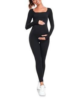 EastElegant Mutterschaft Nahtlose Yoga Jumpsuits Damen Einteiler Workout Bodys Gerippter Quadratischer Ausschnitt Langarm Strampler, Schwarz, Medium von EastElegant