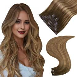 Easyouth Balayage Clip in Echthaar Extensions Clip in Haarverlangerung Mittelbraun tu Honigblond Mit Mittelbraun Clip in Extensions Echthaar Remy Human Haar 18 Zoll 120g #4/27/4 von Easyouth