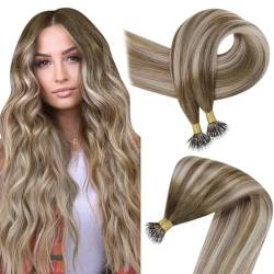 Easyouth Balayage Echthaar Nanoring Extensions Farbe Mittelbraun Mix Platin Blond und Mittelbraun 14 Zoll 50 Stück 50g Extensions Nano Tip Haarverlängerung #6/60/6 von Easyouth