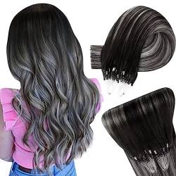 Easyouth Balayage Microring Extensions Echthaar Microring Extensions Off Black Mix Silber und Off Black Micro Loop Haarverlangerung Balayage Schwarz Echthaar 18 Zoll 50g #1B/Silver/1B von Easyouth
