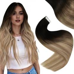 Easyouth Balayage Tape Extension Echthaar Tape in Haarverlangerung Off Black Mischen Sie Aschbraun und Mittelblond Tape in Echthaar Extensions Remy Naturlich 16 Zoll 40g #1B/8/22 von Easyouth